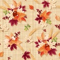 Seamless pattern with colorful autumn leaves on a sacking background. Vector eps-10. Royalty Free Stock Photo