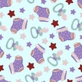 Seamless pattern with colorful baby icons. With the image of a sock, pacifier and stars.