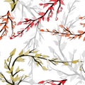 Seamless pattern on colorful backdrop. Line art branches with autumn leaves for decorative design. Seamless vector texture. Vector Royalty Free Stock Photo