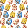 Seamless pattern of colorful backpacks with red melon