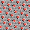 Seamless pattern with colorful badge shape hearts on black dotty background.