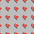 Seamless pattern with colorful badge shape hearts on black striped background. Vector illustration with heart stickers