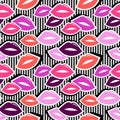 Seamless pattern with colorful badge shape lips on black striped background. Vector illustration with lips stickers in Royalty Free Stock Photo