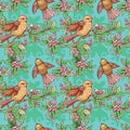 Seamless pattern with colorful birds and blooming summer flowers