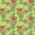 Seamless pattern with colorful birds and blooming summer flowers