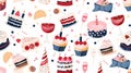 Seamless pattern with colorful birthday cakes, candles, and champagne. Colorful flat modern illustration for textiles Royalty Free Stock Photo