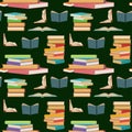 Seamless pattern with colorful books, stacking or piles of books on dark green background.