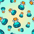 Seamless pattern with colorful bottles with magic potion