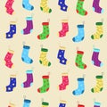 Seamless pattern Colorful bright set of Christmas socks for gift. Vector illustration Royalty Free Stock Photo