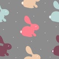 Seamless pattern with colorful bunny on white. Vector cute texture with rabbit on grey background Royalty Free Stock Photo