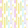 Seamless pattern colorful burning candles. Pastel rainbow colors. Happy birthday sketch. Hand drawn watercolor
