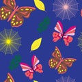 Seamless pattern with colorful butterflies and webs