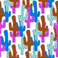 Seamless pattern with colorful cactuses and hand drawn textures. Perfect for fabric,textile. Creative Vector background