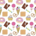 Seamless pattern colorful with cake, ice cream, cupcake, candy, donuts, chocolate,waffle, pretzel, Lollipop and other dessert.