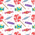 Seamless pattern with colorful candies and lollipops. Cute sweet background, design element for packaging, paper and wallpaper