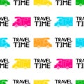 Seamless pattern with colorful cars and black phrases Travel tim Royalty Free Stock Photo