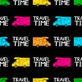 Seamless pattern with colorful cars and phrases Travel time on t Royalty Free Stock Photo