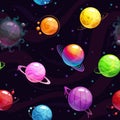 Seamless pattern with colorful cartoon fantasy planets. Royalty Free Stock Photo