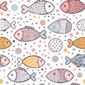 Seamless Pattern with Colorful Cartoon Fish and Dotted Circles. Ocean Animals Vector Illustration. Royalty Free Stock Photo