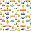 Seamless pattern with colorful cartoon transport. Cute background with hearts Royalty Free Stock Photo