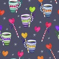 Seamless pattern with colorful Christmas mugs on dark