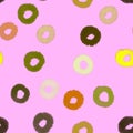 Seamless pattern with colorful circles on pink background. Abstract pattern. Green, yellow, white, brown circles. Print, packaging