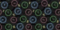 Seamless pattern with colorful clocks and Roman numerals on a black background with watch dials Royalty Free Stock Photo