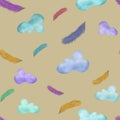 Seamless pattern with colorful clouds and feathers on brown background. Seamless pattern. Summer, kids, stationery, linen print, p Royalty Free Stock Photo