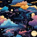 a seamless pattern with colorful clouds and stars on a black background Royalty Free Stock Photo