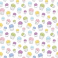 Seamless pattern of colorful cupcakes in style of continuous one line drawing. Simple line art of muffins with wavy Royalty Free Stock Photo