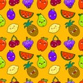 Seamless pattern colorful cute fruits characters Kawaii. apple, pear, strawberry, orange, banana, watermelon, pineapple Royalty Free Stock Photo