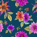 Seamless pattern of colorful dahlias on a green background Royalty Free Stock Photo
