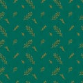 Seamless pattern with colorful diagonal contours doodle herbs and leaves on green background.Spring floral multicolor texture.