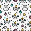 Seamless pattern with colorful diya lamps, flowers, and dots Royalty Free Stock Photo