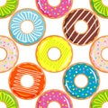 Seamless pattern with colorful donuts with glaze and sprinkles. Colorful collection of cartoon dessert.