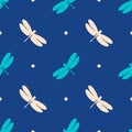 Seamless pattern with colorful dragonflies. Blue and white elements on a dark blue background. Stock vector illustration