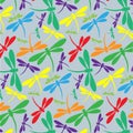 Seamless pattern with colorful dragonflies on gray background.