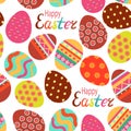 Seamless pattern with colorful easter eggs and lettering Happy Easter. Set of multicolored eggs with geometric and floral Royalty Free Stock Photo