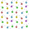 Seamless Pattern of Colorful Exotic Fishes with Blue Water Bubbles on White.