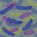 Seamless pattern with colorful feathers on blue background. abstract colorful background. Multicolored. Blue, pink, yellow feather Royalty Free Stock Photo