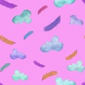Seamless pattern with colorful feathers and clouds on pink background. Print, packaging, bedclothing, textile, fabric design