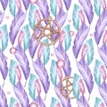 Seamless pattern from colorful feathers and a pentagram. Hand drawn watercolor illustration. Royalty Free Stock Photo