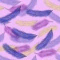 Seamless pattern with colorful feathers on pink background. abstract background with feathers. Hand drawing. Purple, blue and yell Royalty Free Stock Photo