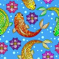 Seamless illustration with colorful fish, Lotus flowers and bubbles on blue background