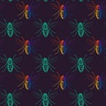 Seamless pattern with colorful flies on the dark background. Royalty Free Stock Photo