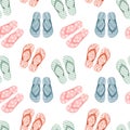 Seamless pattern with colorful flip flops, summer slippers on a white background. Pool shoes background, print Royalty Free Stock Photo