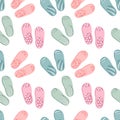 Seamless pattern with colorful flip flops, summer slippers on a white background. Pool shoes background, print Royalty Free Stock Photo