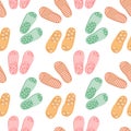 Seamless pattern with colorful flip flops, summer slippers on a white background. Pool shoes background, print Royalty Free Stock Photo