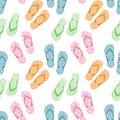 Seamless pattern with colorful flip flops, summer slippers on a white background. Pool shoes background, print Royalty Free Stock Photo