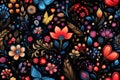 seamless pattern with colorful flowers and butterflies on black background Royalty Free Stock Photo